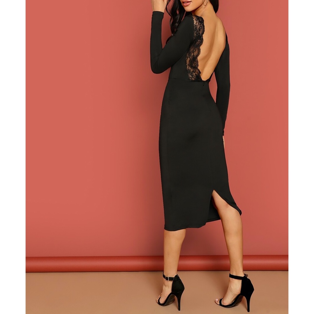 Black Long Sleeve Lace Trim Backless Midi Dress